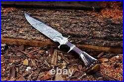 Original Bowie Knife Handmade Damascus Steel Bowie Hunting Knife with Crown Stag