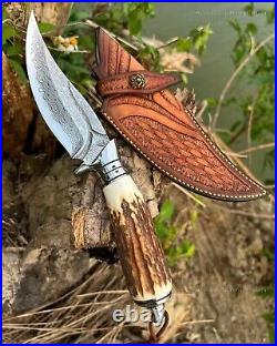 Outdoor Survival Damascus Bowie Knife Hunting Knife Fixed Blade Stag Antler