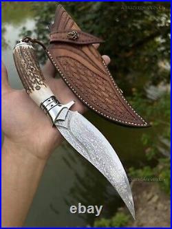 Outdoor Survival Damascus Bowie Knife Hunting Knife Fixed Blade Stag Antler