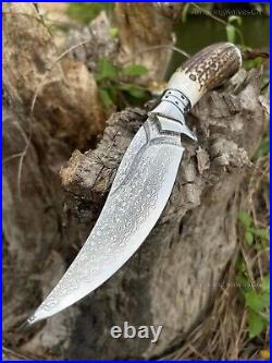 Outdoor Survival Damascus Bowie Knife Hunting Knife Fixed Blade Stag Antler