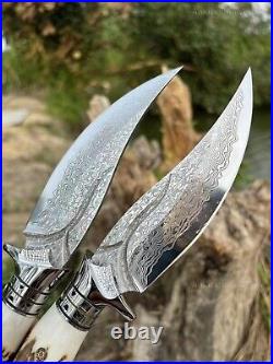 Outdoor Survival Damascus Bowie Knife Hunting Knife Fixed Blade Stag Antler