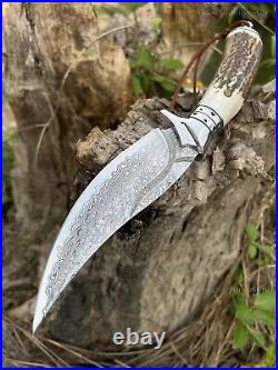 Outdoor Survival Damascus Bowie Knife Hunting Knife Fixed Blade Stag Antler