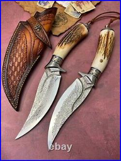 Outdoor Survival Damascus Bowie Knife Hunting Knife Fixed Blade Stag Antler