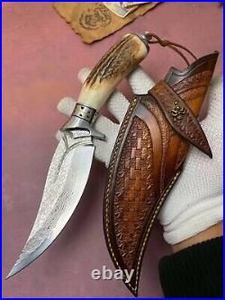 Outdoor Survival Damascus Bowie Knife Hunting Knife Fixed Blade Stag Antler