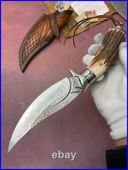 Outdoor Survival Damascus Bowie Knife Hunting Knife Fixed Blade Stag Antler