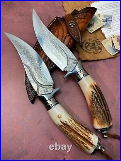 Outdoor Survival Damascus Bowie Knife Hunting Knife Fixed Blade Stag Antler