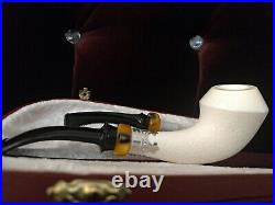 PREMIUM HORN MEERSCHAUM PIPE with TURKISH SILVER RING & DOUBLE STEM