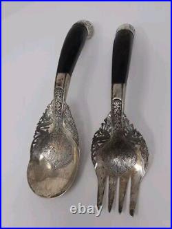 Pair Of Malaysian Silver And Horn Salad Utensils With Dragon & Flowers