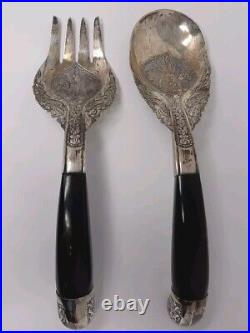 Pair Of Malaysian Silver And Horn Salad Utensils With Dragon & Flowers