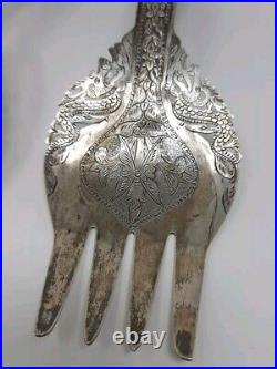 Pair Of Malaysian Silver And Horn Salad Utensils With Dragon & Flowers