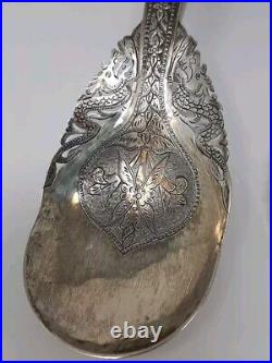 Pair Of Malaysian Silver And Horn Salad Utensils With Dragon & Flowers