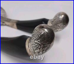 Pair Of Malaysian Silver And Horn Salad Utensils With Dragon & Flowers