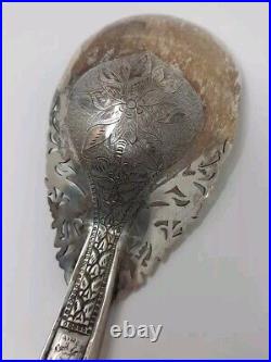 Pair Of Malaysian Silver And Horn Salad Utensils With Dragon & Flowers