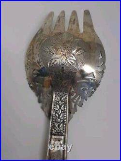 Pair Of Malaysian Silver And Horn Salad Utensils With Dragon & Flowers