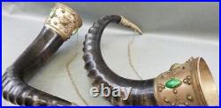 Pair of monumental Caucasian ceremonial drinking horns with metal mounts