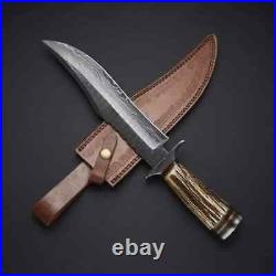 Personalized Handmade Damascus Steel Bowie Hunting Knife With Horn Stag Handle