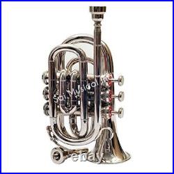 Pocket Trumpet NICKEL Plated with Mouth Piece n Case BRS HORN