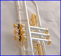 Professional Silver Gold Plated Trumpet B-Flat horn With Monel valves Hard Case