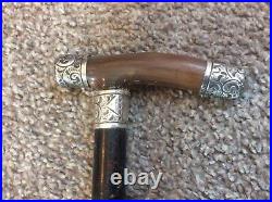 Quality Vintage Ebony Walking Stick With Horn Handle & Solid Silver Mounts 1906