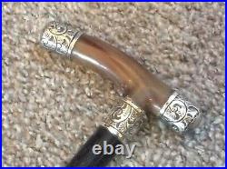 Quality Vintage Ebony Walking Stick With Horn Handle & Solid Silver Mounts 1906