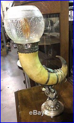 RARE 19th Century Antique SILVER PLATED Bull Horn Table LAMP with Glass Shade