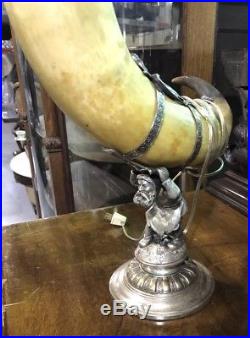 RARE 19th Century Antique SILVER PLATED Bull Horn Table LAMP with Glass Shade