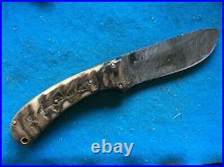 RARE RANCH KNIVES BRAND, DAMASCUS STRAIGHT BLADE/BIG HORN HANDLES WithLEATHER-NICE