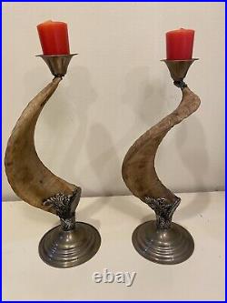 Ram Horn Candlestick Holders with Silver and Brass