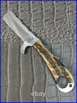 Ram Horn Handle D2 Straight Razor Fix Blade Knife Ring W Leather Knife