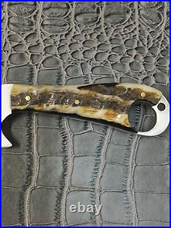 Ram Horn Handle D2 Straight Razor Fix Blade Knife Ring W Leather Knife