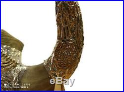 Ram Horn Shofar Silver Coated With 7 Branched Menorah 16-18 Inches, Stand Includ