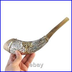 Ram Horn Shofar Silver Coated With Seven Branch Menorah 12-14 Plus Bag