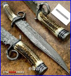 Rare 18Custom Handmade Damascus Steel HUNTING Bowie Knife With STAG HORN HANDLE