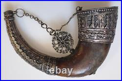 Rare Antique Islamic Ottoman Yemen Collectible Silver With Horn Powder Flask