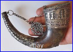 Rare Antique Islamic Ottoman Yemen Collectible Silver With Horn Powder Flask