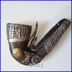 Rare Antique Islamic Yemen Collectible Silver With Horn Powder Flask