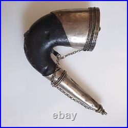 Rare Antique Islamic Yemen Collectible Silver With Horn Powder Flask