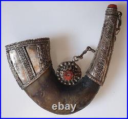 Rare Antique Yemen Ottoman Silver With Horn Powder Flask