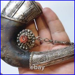 Rare Antique Yemen Ottoman Silver With Horn Powder Flask