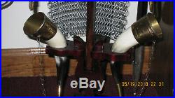 Reproduction Viking war helmet with chain mail 2 horn drinking cups & stand