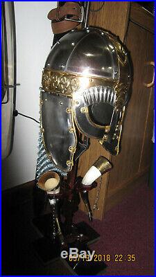 Reproduction Viking war helmet with chain mail 2 horn drinking cups & stand