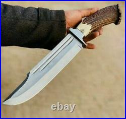 SC Custom HandMade D2 Steel Hunting 15in Bowie Knife Deer Horn Handle With Sheat