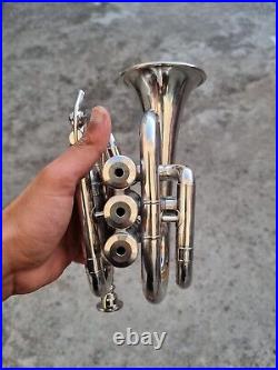 SILVER Bugle Instrument Pocket Trumpet With 3 Valve Vintage Flugel Horn
