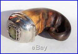 SOLID GEORGIAN SOLID SILVER WITH GLASS STONE SCOTTISH SNUFF MULL HORN c1800