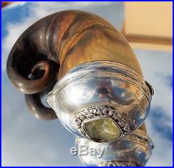 SOLID GEORGIAN SOLID SILVER WITH GLASS STONE SCOTTISH SNUFF MULL HORN c1800