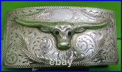 SOLID Sterling Silver Long Horn Steer with Jewel Eyes Hand Made Belt Buckle
