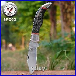 SSKT 9Inch D2 steel Folding Pocket Sharp Knife Bull Horn Handle With Sheath