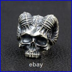 Satan Horn Devil 925 sterling silver heavy biker A skull with a goat's horn ring