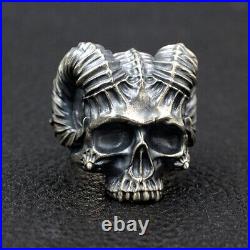 Satan Horn Devil 925 sterling silver heavy biker A skull with a goat's horn ring