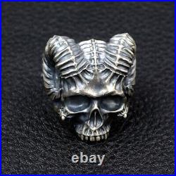 Satan Horn Devil 925 sterling silver heavy biker A skull with a goat's horn ring